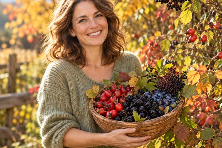 Lächelnde Frau mit einem Korb voller Hagebutten, Brombeeren, Schlehen und Holunderbeeren in einem herbstlichen Garten.